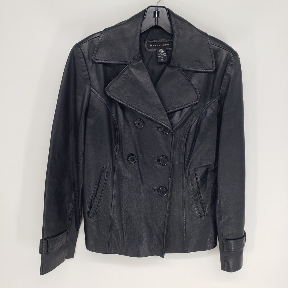 New York & Company Genuine Leather Double Breasted Jacket Womens M Black Peacoat